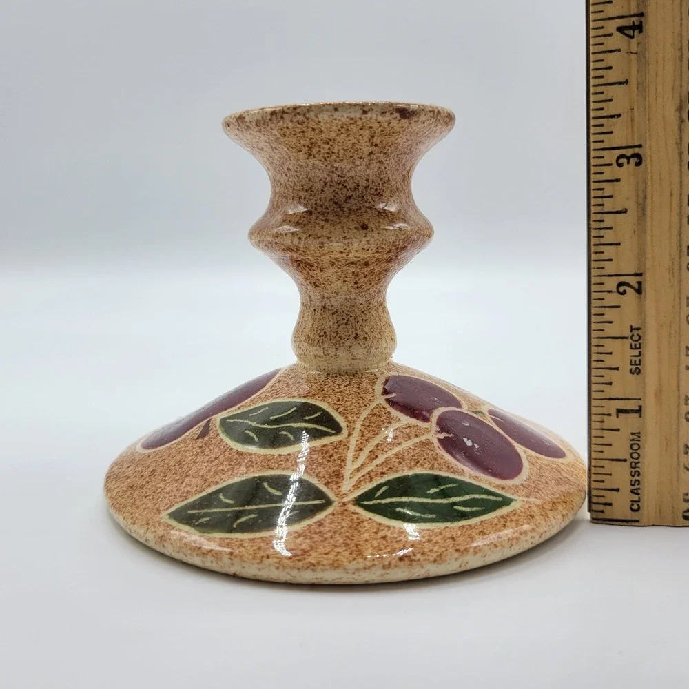 Folk Art Glazed Pottery Pair Candle Stick Holders Signed ARTIA Cherries Fruits